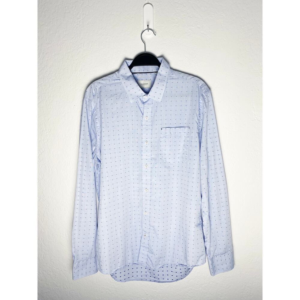 7Diamonds Men's Button Down Shirt Light Blue 100% Cotton Blue Stitched Dots
